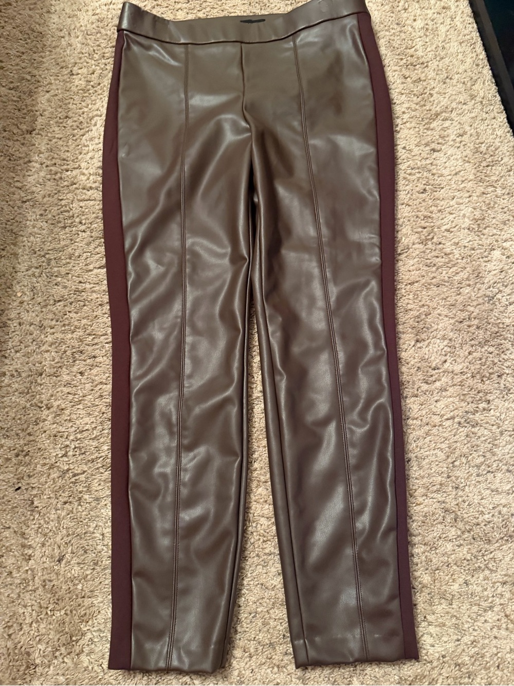 Talbots Brown Faux Leather Pants with Burgundy Trim